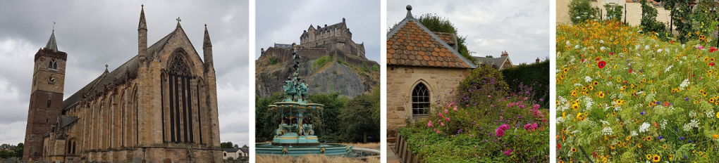 Image containing four photos showing Dunblane Cathedral, Edinburgh Castle, a garden, and some flowers